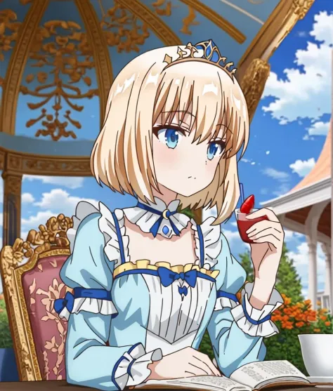 anime girl in a blue dress sitting at a table with a book and a cup of coffee