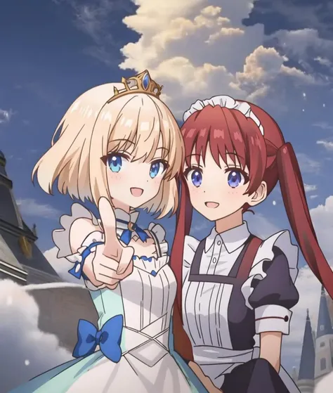 Anne, Mia, 2girls, blue blouse, tiara,  maid apron, maid headdress, smile, sky, open mouth, tiara, outdoors, gloves, cloud, blush, screenshots, castle, detailed background,
BREAK 
Mia, pointing at viewer, cloud  
BREAK
Anne, maid apron 
 <lora:tearmoon_ep01_lohad8_attn-mlp:0.95>