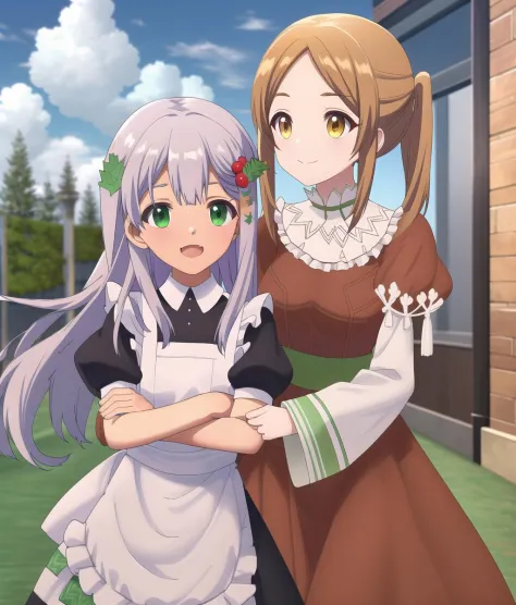 two anime girls in maid uniforms standing next to each other