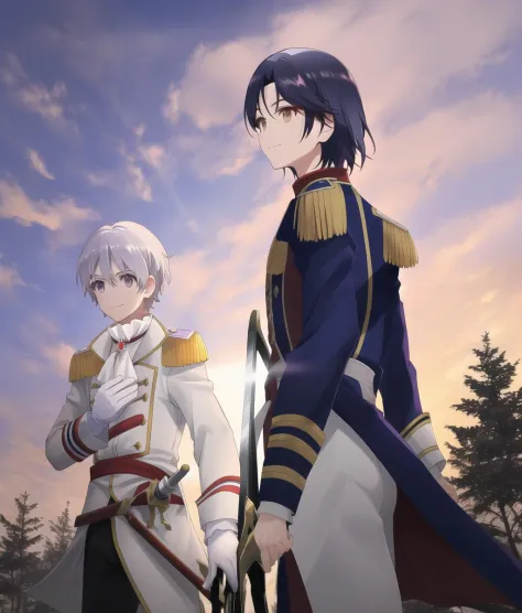 two anime characters in uniform standing next to each other