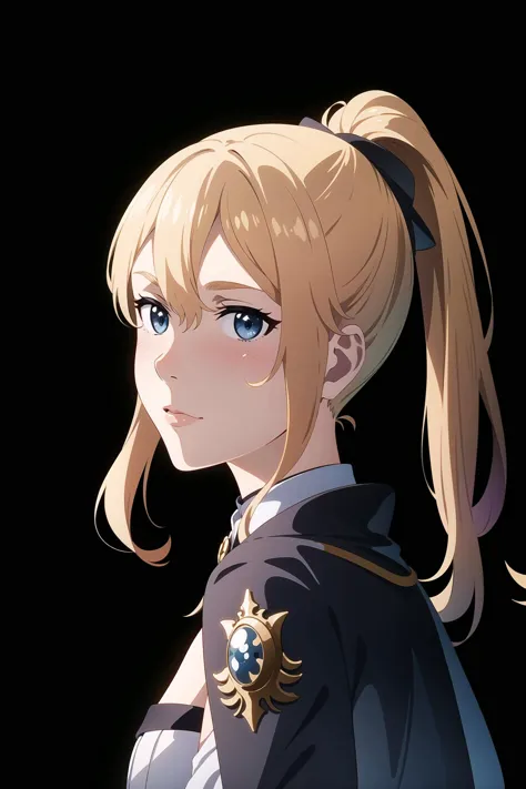 anime girl with ponytail hair and blue eyes in a black background