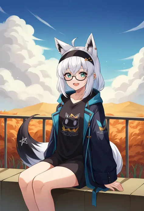 a girl with white hair and glasses sitting on a ledge