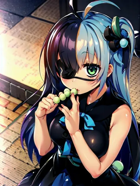 <lora:tatsumi_v1-000025:0.8>, tatsumi, (black & blue hair), ahoge, eyepatch, long hair, (eating green dango), upper body,