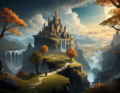 a painting of a castle on a cliff overlooking a waterfall