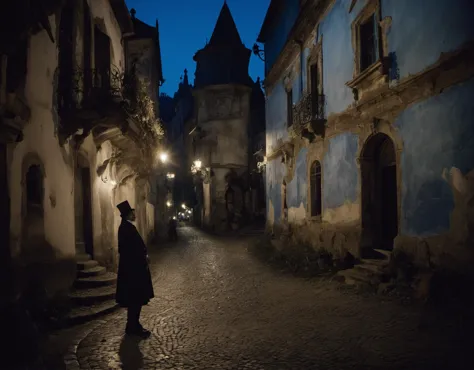 arafed image of a man in a black coat and hat walking down a cobblestone street