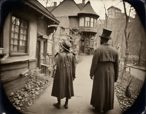 two people in coats and hats are walking down a sidewalk