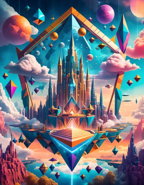 Imagine a world suspended among the clouds, with floating cities and celestial waterfalls. (highly epic detailed geometric futuristic:1.5), centered, middle of an Insanely colorful epic realistic, (centered with the frame:1.4), prismatic. grid, triangles, fractal, elemental fusion, (gold:0.9), (chromium:0.9)