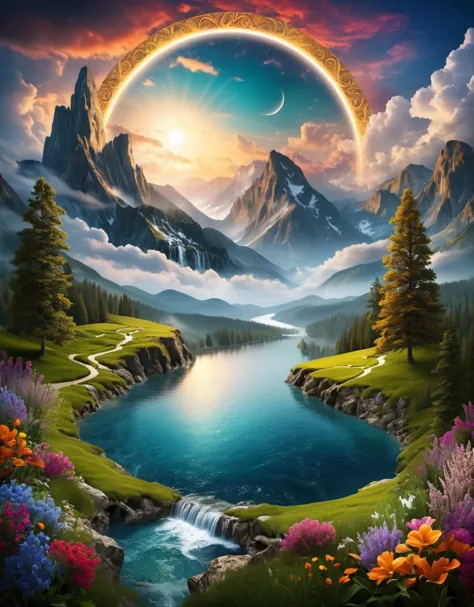 a painting of a mountain lake with a rainbow in the sky