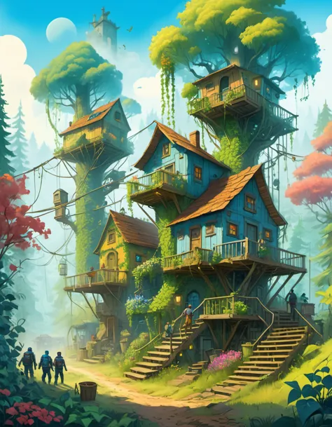 a painting of a house in the woods with stairs leading up to it