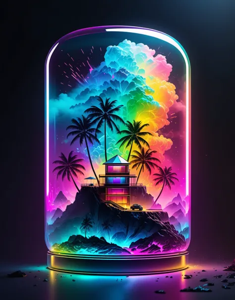 ultra realistic 8k cg, flawless, clean, masterpiece, professional artwork, famous artwork, cinematic lighting, cinematic bloom, (((photo raw)), background), a large rainbow glass cyberpunk container with a vacation island inside, colored smoke