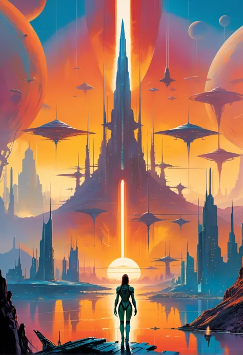 A breathtaking poster design inspired by John Berkey's style, featuring a vibrant alien landscape with towering structures and floating cities illuminated by a radiant sunset. The foreground showcases a lone figure of a woman, her back to the viewer, gazing out at the surreal horizon with a sense of wonder and curiosity etched onto her face. Her attire is reminiscent of futuristic fashion, hinting at an advanced civilization she hails from.