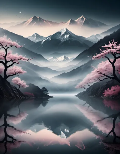 ((masterpiece, best quality)), lake, misty, mountains, moody, eerie, fog, very coherent symmetry, thick line, cherry blossoms, fractal, ,