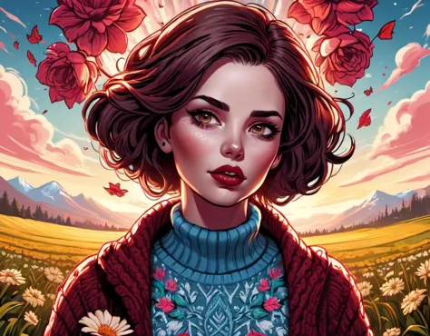 stylized by Clive Barker, Dan Mumford, Butcher Billy and Russ Mills, digital art, (Female:1.3) , biting her lip, wearing Sweater, her Sweater also has a coat, flower field, highly detailed, most beautiful artwork in the world, contest winner, lots of details, symmetry, vivid