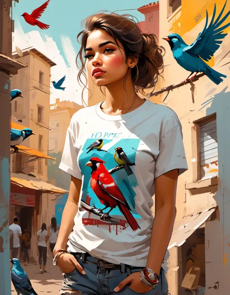 arafed image of a woman standing in front of a building with birds flying around her