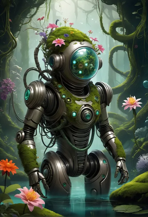 a digital painting of a robot in a forest with flowers