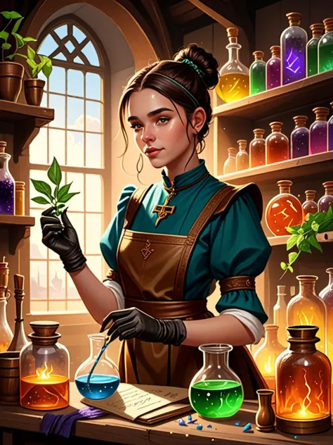 a woman in a green dress is holding a plant in a laboratory