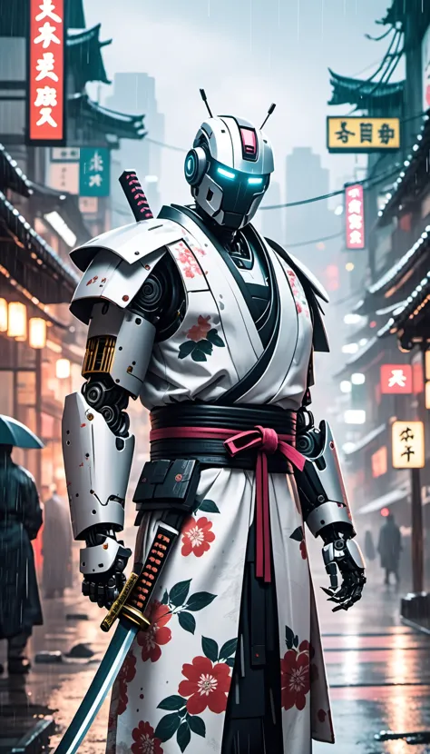 <lora:add-detail-xl:1>, A advanced robot, wearing a traditional white and black flowered kimono, katana attached to belt, heavy rain in close forced perspective, blurred cyberpunk city in distance.