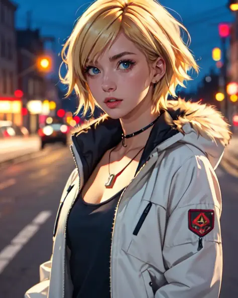 masterpiece, best quality, 8k,  <lora:ayabrea:0.55>, ayabrea, 1girl, blonde_hair, short_hair, blue_eyes, fur_collar, jacket, tank_top, pendant, looking_at_viewer, by night, city background, (upper body)