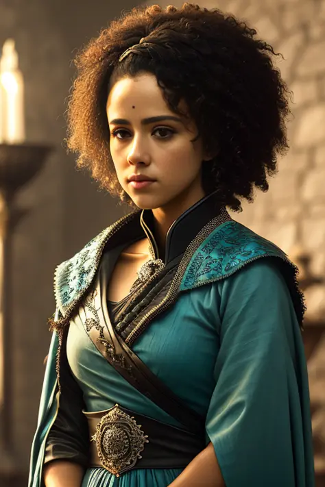 portrait photo of missanxx a black woman with short afro hair, wearing a teal gown in a royal palace in game of thrones, modelsh...