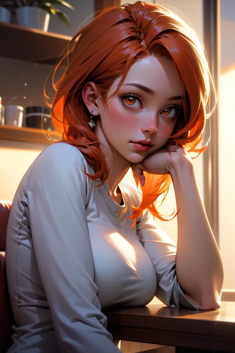 (masterpiece, best quality, highres, high resolution:1.2), extremely detailed, realistic, intricate details, young woman,  orange eyes, orange hair, eyessmall breasts:0.5, (soft lighting, sunlight, volumetric), at a coffee shop, sitting at table, shirtlift, looking at viewer, various poses, dynamic angles depth of field, cold winter day,