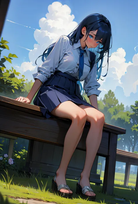 anime girl sitting on a bench in a park with her legs crossed