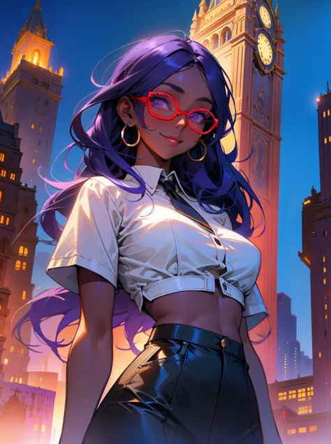 1girl, Senegalese, 
solo, (mature woman), ((dark skin: 1.3))
Large, perfectly round glasses with black rims. 
She smiles. Her eyes are large, with long eyelashes and purple eyes.
Cityscapes with illuminated buildings.
Crop Tops and High-Waisted Skirt.
 <lora:DreamGlow:0.8>