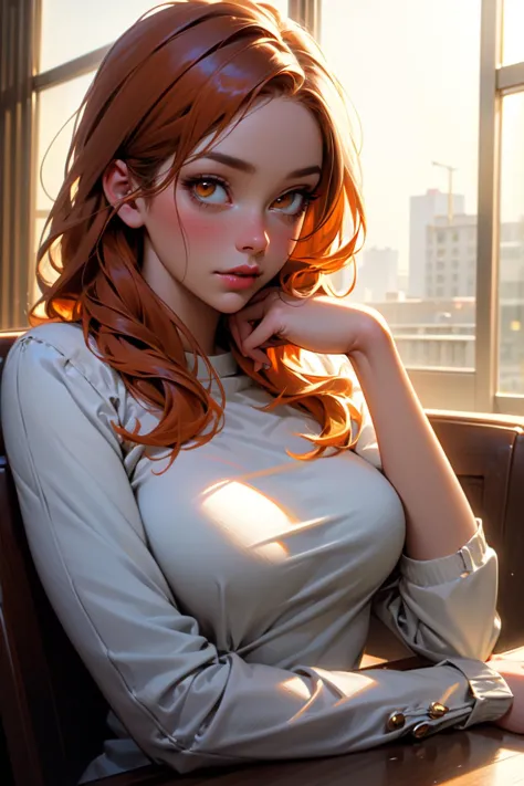 (masterpiece, best quality, highres, high resolution:1.2), extremely detailed, realistic, intricate details, young woman,  orange eyes, orange hair, eyessmall breasts:0.5, (soft lighting, sunlight, volumetric), at a coffee shop, sitting at table, shirtlift, looking at viewer, close-up, portrait, upper body, depth of field, cold winter day,