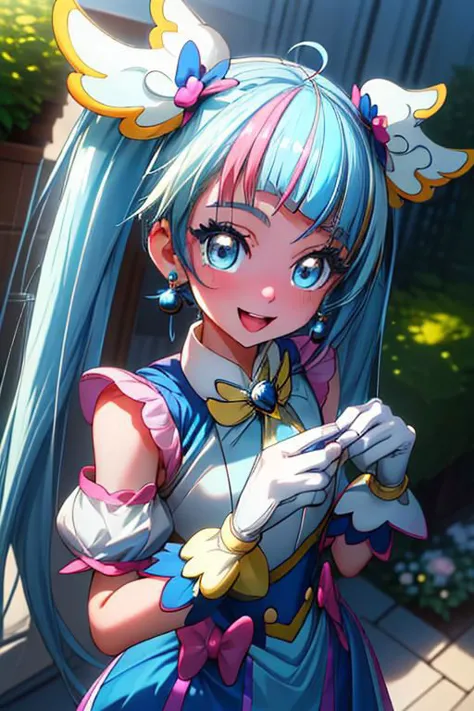 (master piece, best quality, high resolution, ultra detailed, digital art, game CG, extremely detailed CG, 8k, official art, super detailed skin, beautiful detailed face, beautiful detailed eyes, perfect anatomy, perfect hands, perfect fingers:1.3), (1woman, face focus, close up face, face macro, looking up, from above), depth of field, dramatic lighting, cinematic lighting,  (1woman is cure_sky_hirogaruskyprecure), sunny place, (in the garden:1.3), beautiful woman, white wing head dress, hair wing ornament, bow, (yellow bracelet, white fingerless gloves:1.25), (big blue bright eyes, gentle eyes, upward glance, puppy dog face, bright eyelashes), (twintails, light blue hair, very long hair, gradient hair, ahoge, blunt bangs:1.2), (pink hair), corset dress, white sleeveless sweater, blue skirt, (puffy detached sleeves), (oneside blue cape with red lining:1.25), shiny face, joy, happy smile, (one blue earring, single earring), (peace sign, selfie:1.1), narrow waist, gleaming skin, make up, eyeshadow, blush, open mouth, on the terrace, summer, beautiful appearance, emphasizing gal