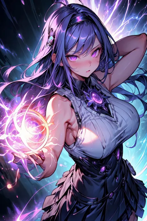 mature female, <lora:more_details:0.5>,((masterpiece)), ((best quality)), (ultra detailed),((extremely detailed body)), ((extremely detailed 8k CG wallpaper)), HDR, 1girl, dark purple hair with a blue alice band, blue hairband, large natural breasts, long hair, bangs, magenta eyes, glowing eyes, detailed eyes, determined expression, blue lightning magic coming out of hand, attack pose, blue pleated skirt, torn white tank top, energy particles blue, apocalyptic scenery in flames, detailed scenery, dynamic angle,Magic Circle,glowify,r1ge <lora:Perfect_face_eyes_1:0.8>, perfect hands