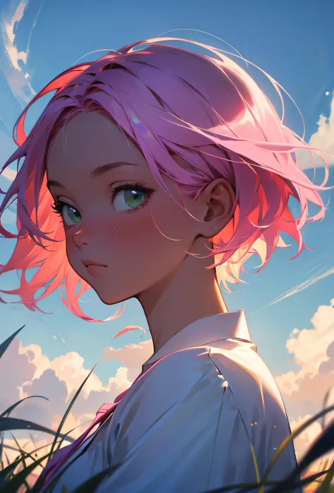 anime girl with pink hair and blue eyes looking at the sky