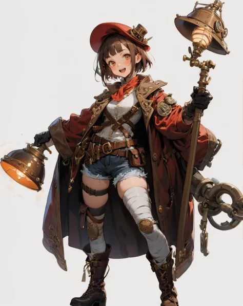 steampunk, concept_art, 1girl, holding_long staff, and a lamp, full_body, open_mouth, looking_at_viewer, standing, smile, red_clothes, 
brown_eyes, brown_hair, short_hair, blunt bangs, hat, bandaged_arm, bandaged_leg, bandages, belt, boots, shorts, brown_gloves, gloves
white_background, simple_background,