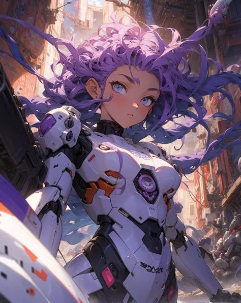 a close up of a woman with purple hair holding a gun