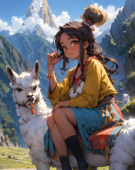 peruvian girl with alpaca, machu picchu background, fantasy_art, retro_style,