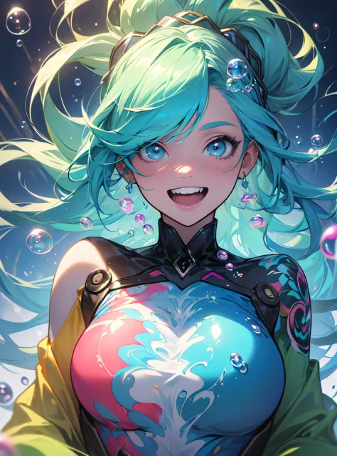 a woman with blue hair and a green top is smiling