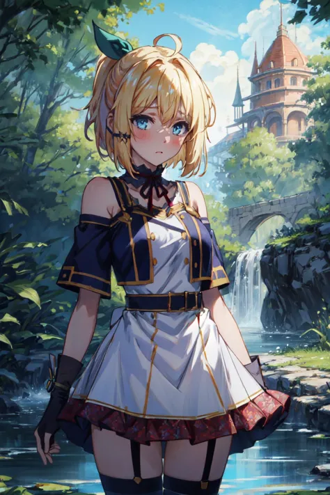 a woman in a maid outfit standing in front of a waterfall