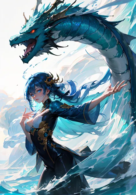 a woman in a black dress and a blue dragon on a wave