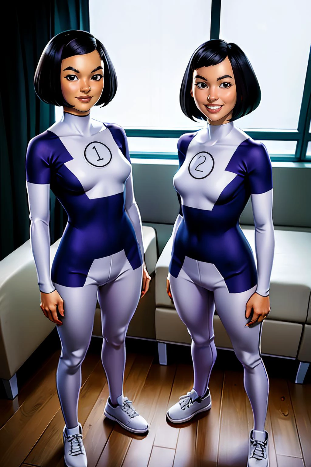 Two women in superhero costumes standing next to each other