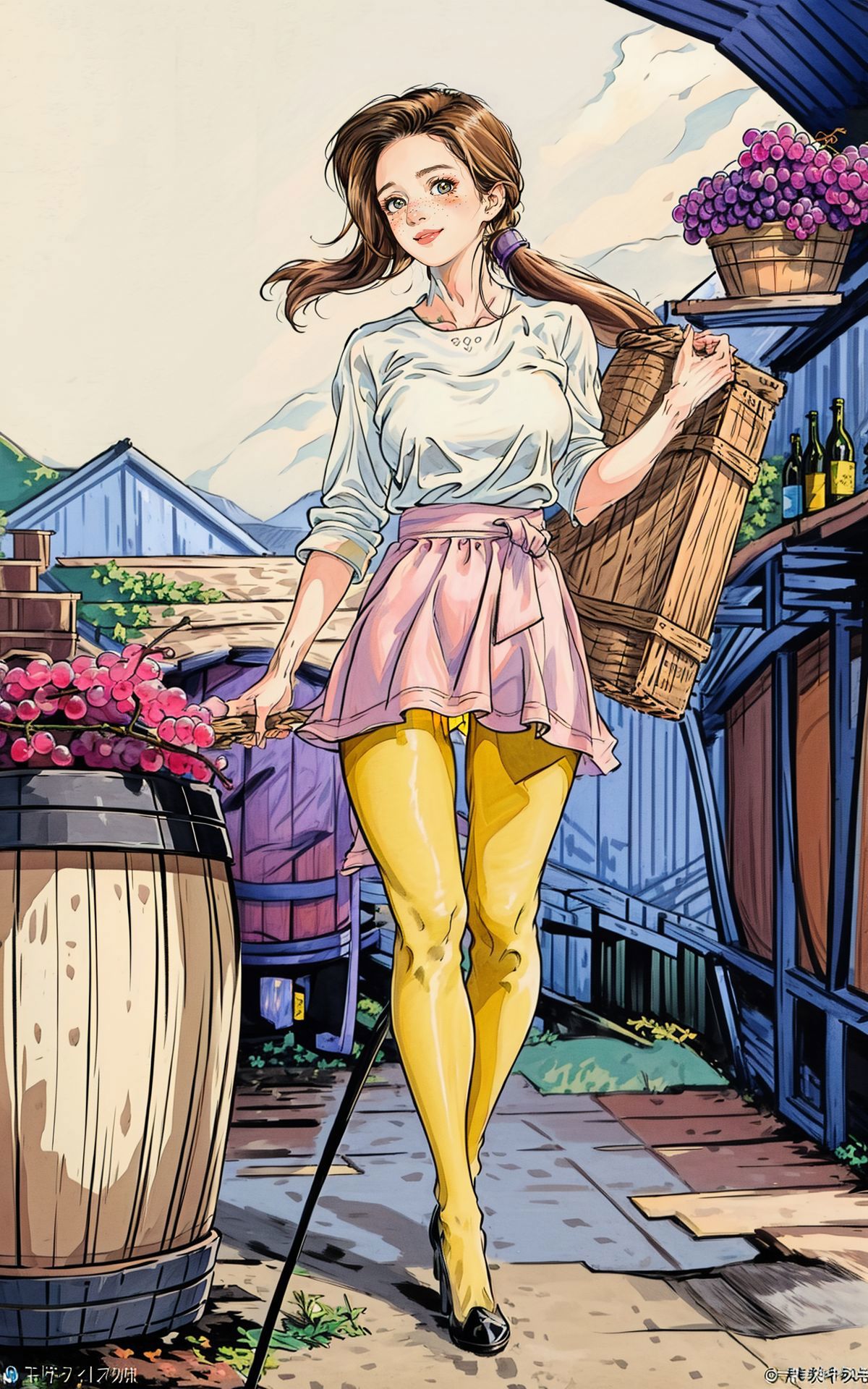 A woman in yellow tights and a white shirt is walking down a sidewalk -  SeaArt AI