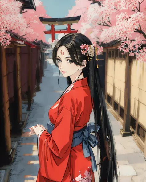 anime,(masterpiece:1.2), 1lady, long hair,Cherry blossoms, torii, yukata, stone steps, sky,facing viewer, (sepia:0.3),