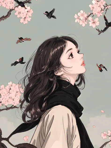 1girl, bird, black eyes, black hair, blurry, blurry background, cherry blossoms, lips, long-tailed tit, looking up, medium hair,...