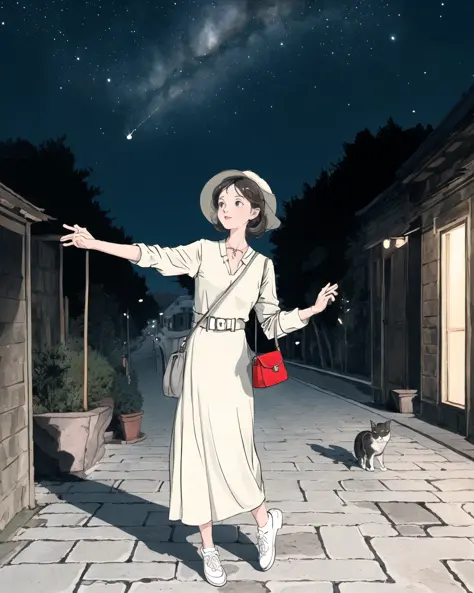 1girl, architecture, bag, building, cat, evening, full body, handbag, night, night sky, outdoors, outstretched arm, road, road s...