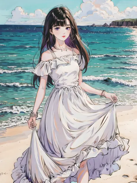 1girl,highres,  high quality,  masterpiece, mxmk_whitedress ,purple eyes, white dress, beach ,long hair, sea