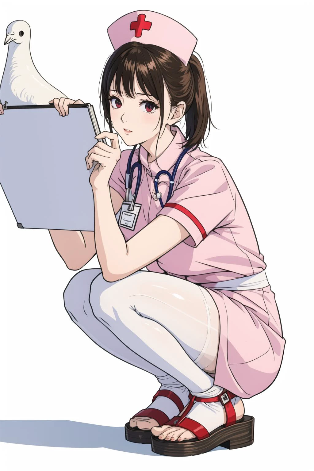 ((((masterpiece)))), ((((highly detailed)))),[[[realistic art]]], beautiful  girl, slender,small breasts, ((((bangs)))), ((1girl)),solo,((looking afar)), [expressionless], medium hair, short ponytail,(((nurse))),short sleeves, (((nurses cap))), white panties, ((white pantyhose)), (white Nurse Sandals), stethoscope, ((pigeon toed)),((squatting)), name tag, foot focus, from below, full body , hug clipboard, Medical cabinet, medical office,

,[(white background:1.5),::5]