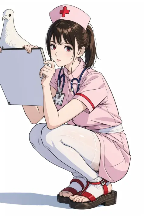 ((((masterpiece)))), ((((highly detailed)))),[[[realistic art]]], beautiful child girl, slender,small breasts, ((((bangs)))), ((1girl)),solo,((looking afar)), [expressionless], medium hair, short ponytail,(((nurse))),short sleeves, (((nurses cap))), white panties, ((white pantyhose)), (white Nurse Sandals), stethoscope, ((pigeon toed)),((squatting)), name tag, foot focus, from below, full body , hug clipboard, Medical cabinet, medical office,

,[(white background:1.5),::5]