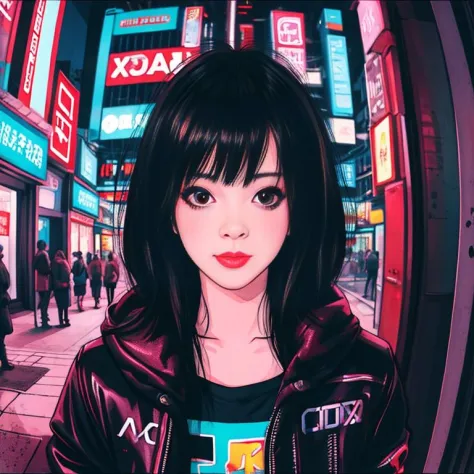 1girl,city streets,fisheye,neon palette, cyberpunk, photorealistic,