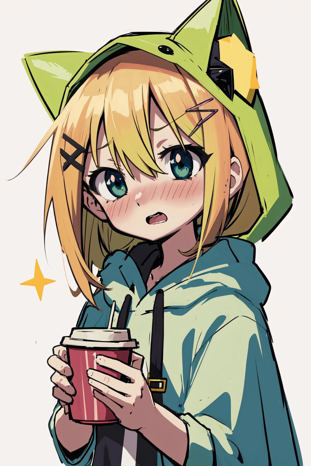 detailed background, masterpiece, best quality, 1girl, holding disposable cup, cute face Kawaii. BREAK In the style of Ken Sugimori, solo, horns, green hair, open mouth, virtual youtuber, multicolored hair, blue eyes, blonde hair, hoodie, hood up, chibi, black capelet, simple background, hairclip, bangs, two-tone hair, hair between eyes, portrait, blush, upper body, looking at viewer, shirt, (shy:1.3)  