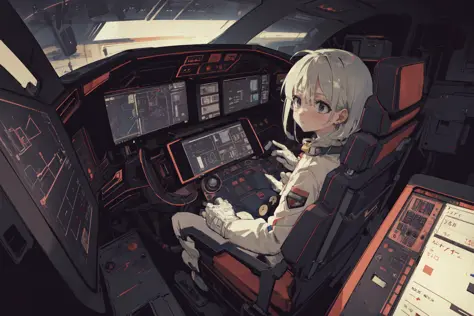 (1girl:1.1) wearing a (spacesuit:1.15), white cargo pants, (ugh, wtf do these buttons do:1.3), inside the cockpit of a (futurist...