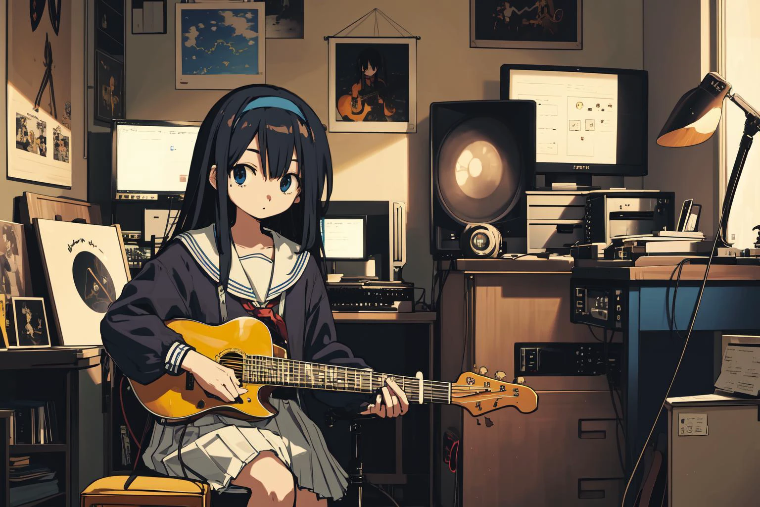 holding, sitting, chair, instrument, microphone, (straight guitar strings), cable, computer, monitor, holding instrument, electric guitar, poster (object), keyboard (computer), mouse (computer), amplifier, (masterpiece, best quality:1), bags under eyes, bangs, black hair, blue eyes, blue hairband, brown cardigan, long hair, white serafuku, white skirt   