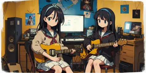 1girl, solo, holding, sitting, chair, instrument, microphone, guitar, cable, computer, monitor, holding instrument, electric gui...