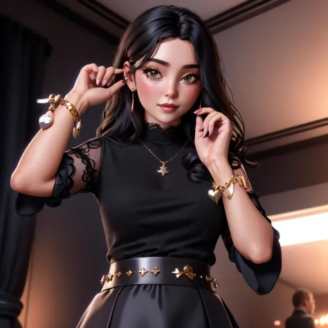 full shot, mature european woman wearing black half skirt, hands reaching out, (charm_bracelet:1.3) on each wrist, black lace longsleeved turtleneck, black hair, nightclub, cinematic, <lora:wrenchlogown:0.4>,  <lora:charm_bracelet:1.3>